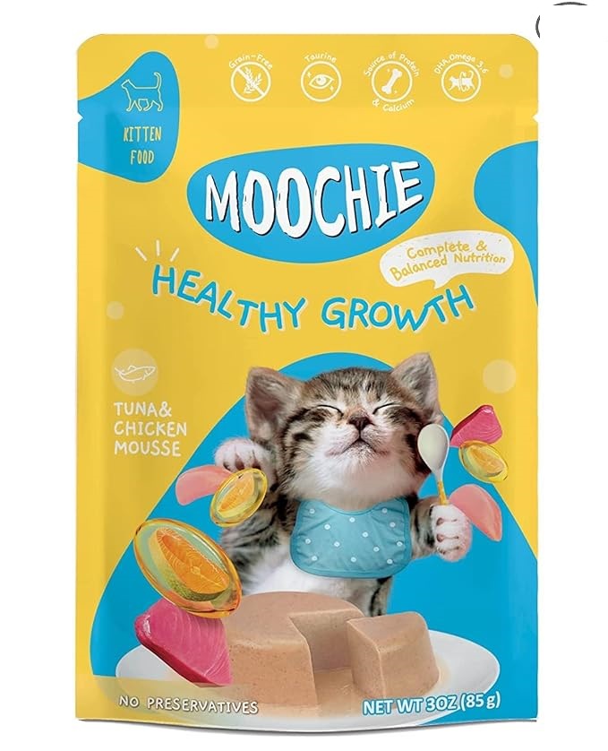 PETS EMPIRE Moochie Tasty Wet Cat Food (85g x 12 Pouches) Grain Free Cats Gravy Meal, Healthy Growth Tuna Mousse with Chicken, No Artificial Flavours Kitten Food, Non-Vegetarian